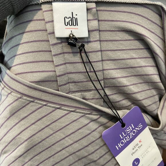 Cabi Long Sleeve Tee Large Pewter Stripe Plum Womens Stretch Tunic Length New - Picture 2 of 3